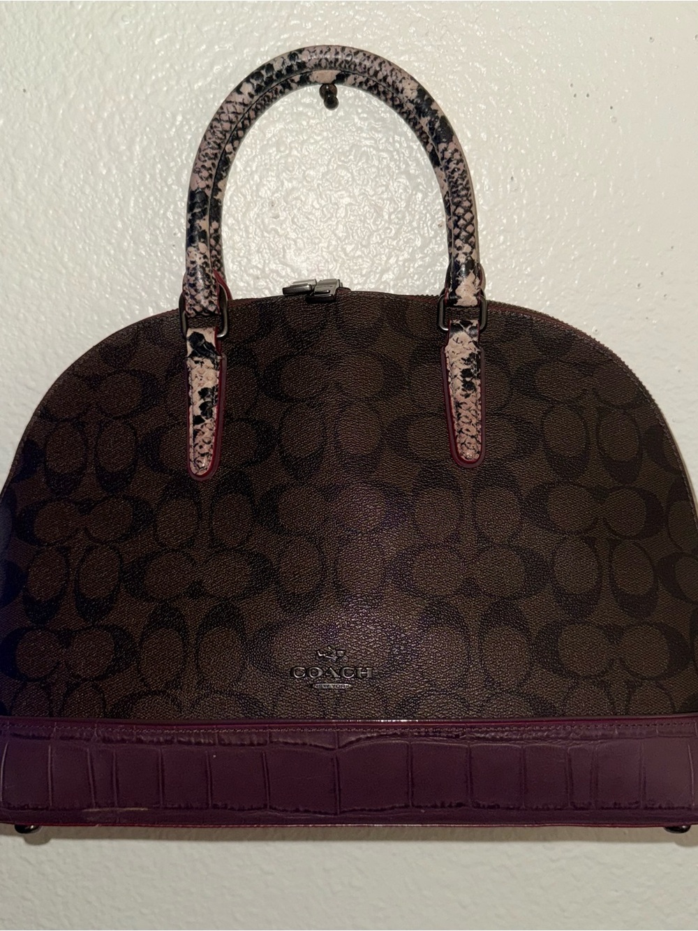Coach Brown Signature Dome Satchel with Burgundy Trim and Snakeskin Handles
